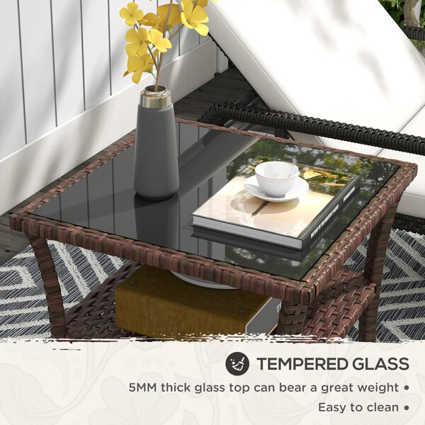 Outsunny 50cm Outdoor PE Rattan Coffee Table, Patio Wicker Two-tier Side Table with Glass Top, for Patio, Garden, Balcony, Brown Aosom UK
