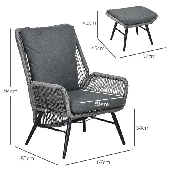 Outsunny 2 PCs PE Rattan Leisure Chair Set, Outdoor Reclining Patio Chair and Footrest w/ Adjustable Backrest & Cushion, Grey Aosom UK