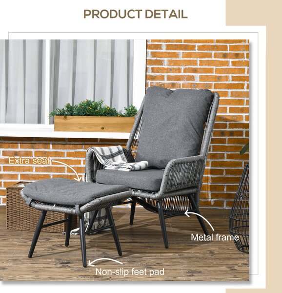 Outsunny 2 PCs PE Rattan Leisure Chair Set, Outdoor Reclining Patio Chair and Footrest w/ Adjustable Backrest & Cushion, Grey Aosom UK