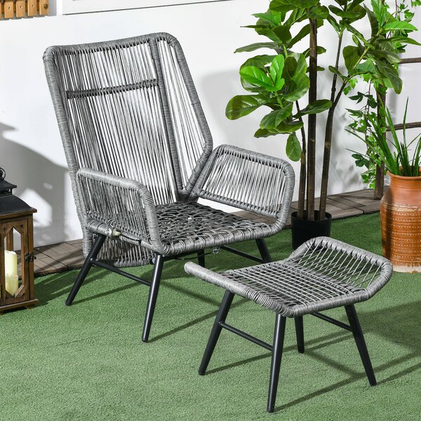Outsunny 2 PCs PE Rattan Leisure Chair Set, Outdoor Reclining Patio Chair and Footrest w/ Adjustable Backrest & Cushion, Grey Aosom UK