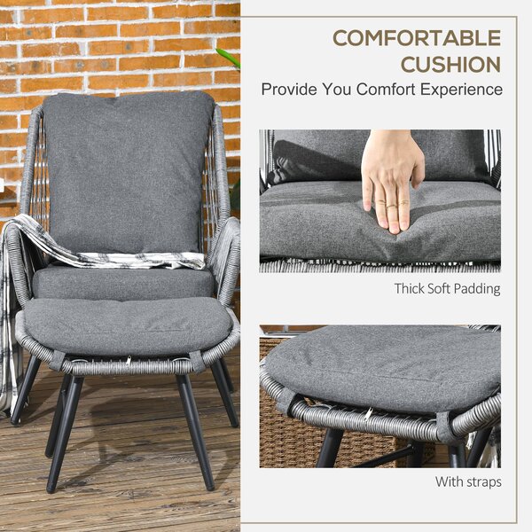 Outsunny 2 PCs PE Rattan Leisure Chair Set, Outdoor Reclining Patio Chair and Footrest w/ Adjustable Backrest & Cushion, Grey Aosom UK