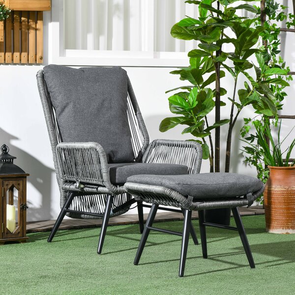 Outsunny 2 PCs PE Rattan Leisure Chair Set, Outdoor Reclining Patio Chair and Footrest w/ Adjustable Backrest & Cushion, Grey Aosom UK