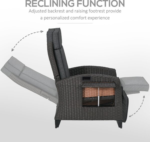Outsunny Outdoor Rattan Recliner Chair with Adjustable Backrest and Footrest, Cushion, Side Tray, Grey