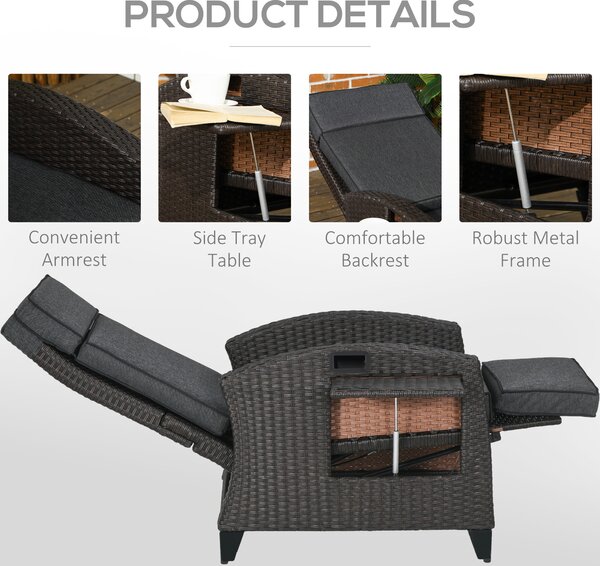 Outsunny Outdoor Rattan Recliner Chair with Adjustable Backrest and Footrest, Cushion, Side Tray, Grey