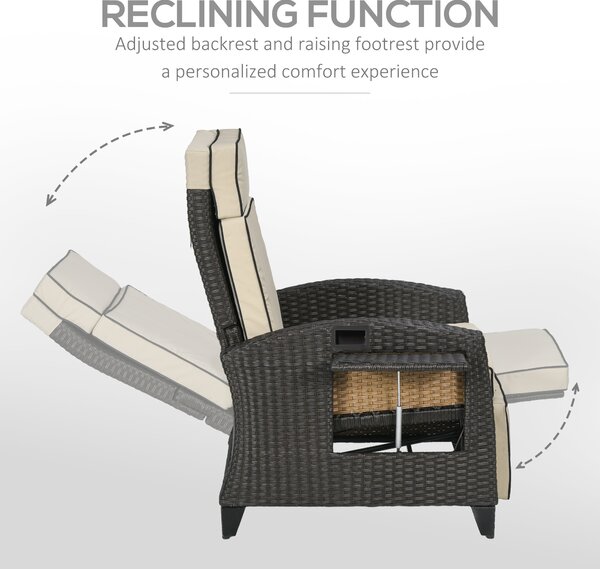 Outsunny Outdoor Recliner Chair with Adjustable Backrest and Footrest, Cushion, Side Tray, Brown