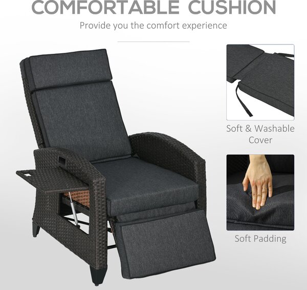 Outsunny Outdoor Rattan Recliner Chair with Adjustable Backrest and Footrest, Cushion, Side Tray, Grey