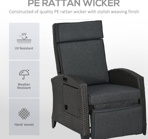 Outsunny Outdoor Rattan Recliner Chair with Adjustable Backrest and Footrest, Cushion, Side Tray, Grey