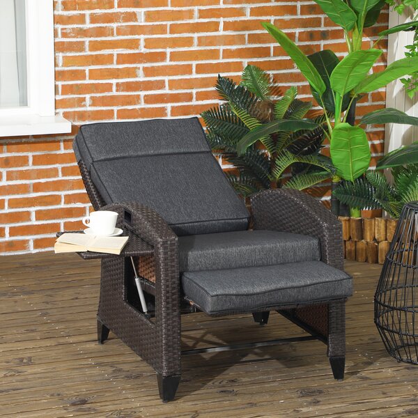 Outsunny Outdoor Rattan Recliner Chair with Adjustable Backrest and Footrest, Cushion, Side Tray, Grey