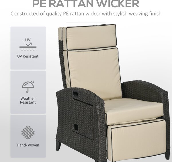 Outsunny Outdoor Recliner Chair with Adjustable Backrest and Footrest, Cushion, Side Tray, Brown
