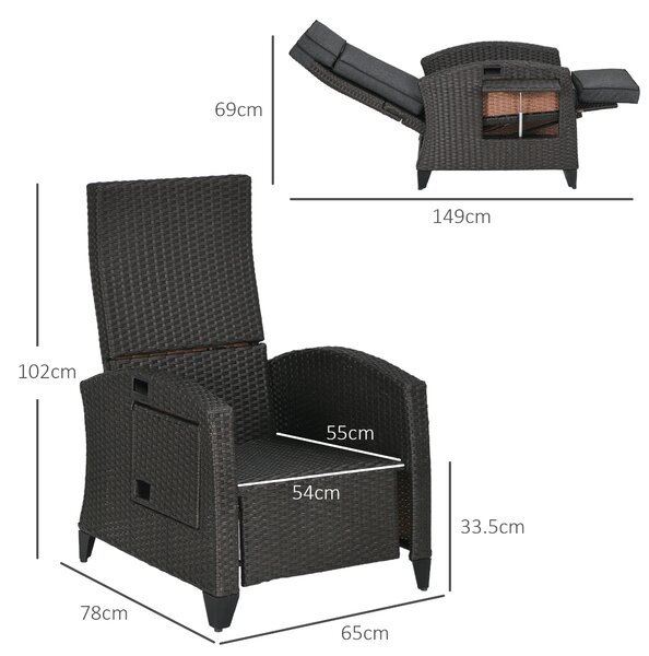 Outsunny Outdoor Rattan Recliner Chair with Adjustable Backrest and Footrest, Cushion, Side Tray, Grey
