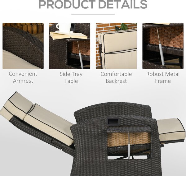 Outsunny Outdoor Recliner Chair with Adjustable Backrest and Footrest, Cushion, Side Tray, Brown