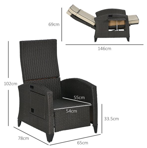 Outsunny Outdoor Recliner Chair with Adjustable Backrest and Footrest, Cushion, Side Tray, Brown