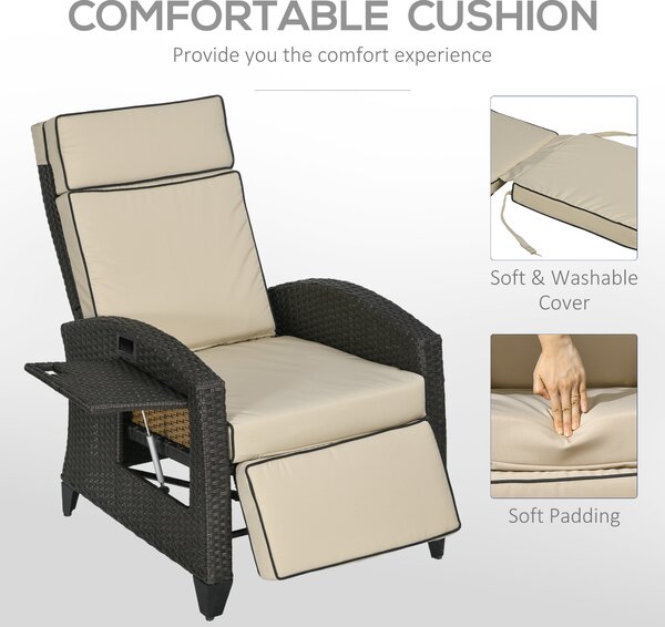 Outsunny Outdoor Recliner Chair with Adjustable Backrest and Footrest, Cushion, Side Tray, Brown