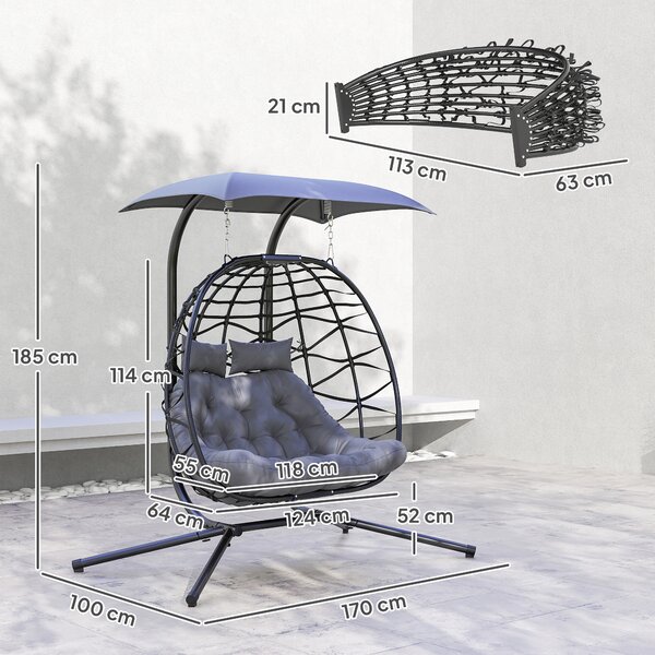 Outsunny Rattan Double Hanging Egg Chair with Canopy, Foldable Wicker Swing Egg Chair with Cushion, Head Pillows, Stand, Steel Frame, Hammock Chair for Indoor Outdoor, Capacity 260 kg, Black