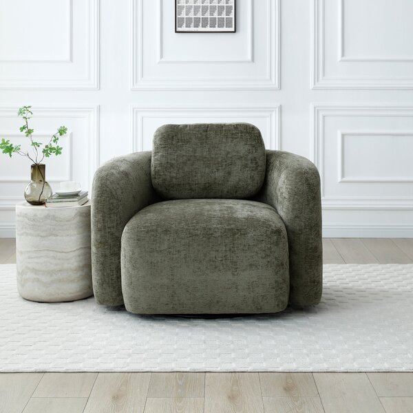 Max Olive Distressed Chenille Curved Swivel Accent Chair