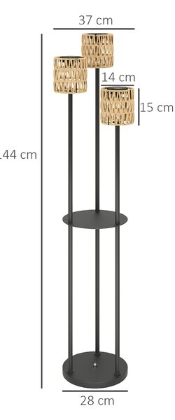 Outsunny Boho Rattan Floor Lamp, 3-Lights Rattan Lamp with Shelf, Freestanding Solar Garden Light with Auto On/Off Lights, IP44 Waterproof for Porch, Pathway, Deck, Yellow