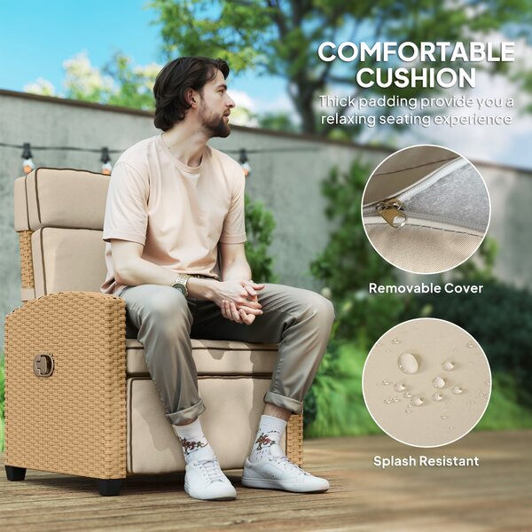 Outsunny Rattan Garden Recliner Chair, Adjustable Backrest Reclining Rattan Chair with Flip Table, Cushion and Footrest, Indoor Outdoor Lounge Reclining Sun Lounger for Patio, Yellow/Beige