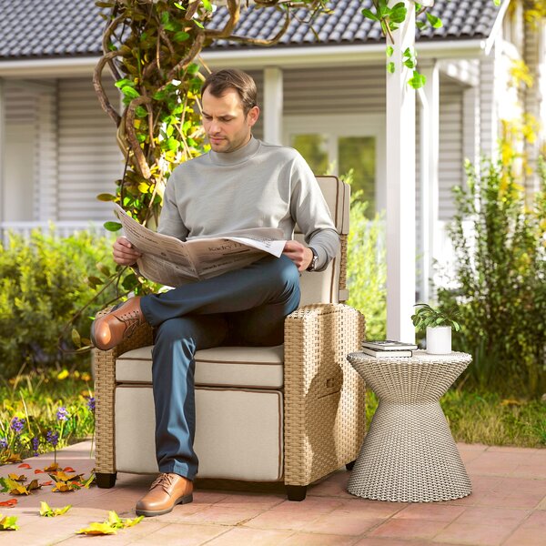 Outsunny Rattan Garden Recliner Chair, Adjustable Backrest Reclining Rattan Chair with Flip Table, Cushion and Footrest, Indoor Outdoor Lounge Reclining Sun Lounger for Patio, Yellow/Beige