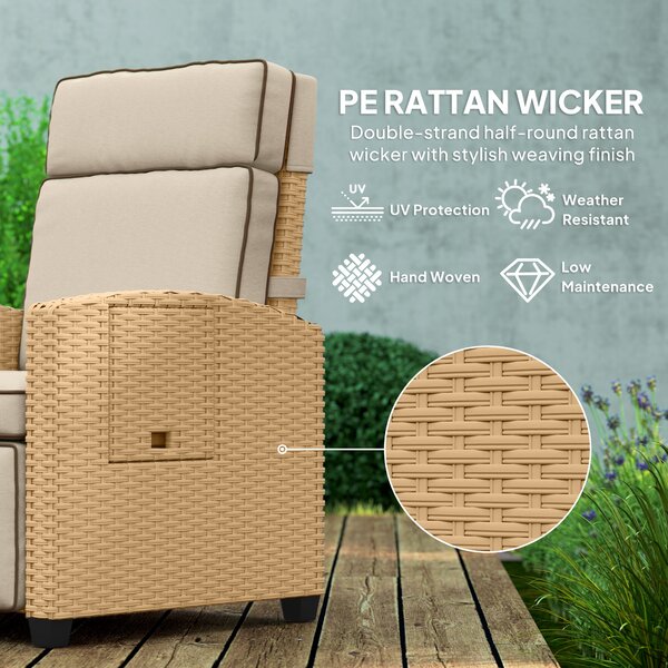 Outsunny Rattan Garden Recliner Chair, Adjustable Backrest Reclining Rattan Chair with Flip Table, Cushion and Footrest, Indoor Outdoor Lounge Reclining Sun Lounger for Patio, Yellow/Beige