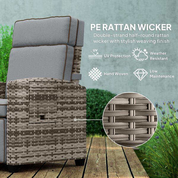 Outsunny Rattan Garden Recliner Chair, Adjustable Backrest Reclining Rattan Chair with Flip Table, Cushion and Footrest, Indoor Outdoor Lounge Reclining Sun Lounger for Patio, Mixed Grey Aosom UK