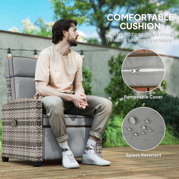 Outsunny Rattan Garden Recliner Chair, Adjustable Backrest Reclining Rattan Chair with Flip Table, Cushion and Footrest, Indoor Outdoor Lounge Reclining Sun Lounger for Patio, Mixed Grey Aosom UK