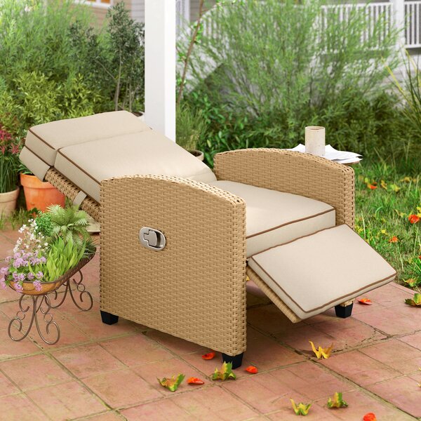 Outsunny Rattan Garden Recliner Chair, Adjustable Backrest Reclining Rattan Chair with Flip Table, Cushion and Footrest, Indoor Outdoor Lounge Reclining Sun Lounger for Patio, Yellow/Beige