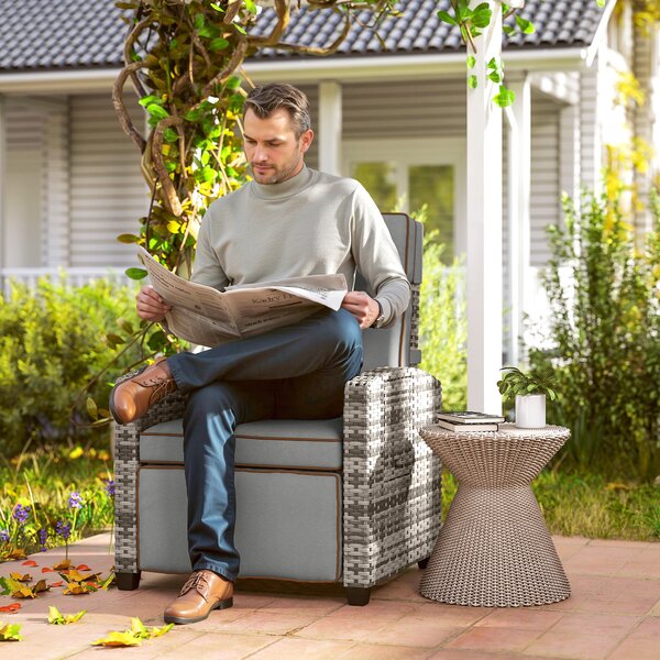 Outsunny Rattan Garden Recliner Chair, Adjustable Backrest Reclining Rattan Chair with Flip Table, Cushion and Footrest, Indoor Outdoor Lounge Reclining Sun Lounger for Patio, Mixed Grey Aosom UK
