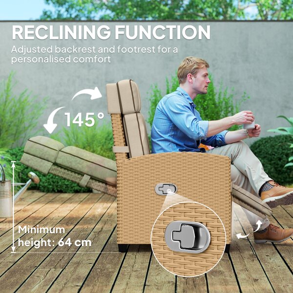 Outsunny Rattan Garden Recliner Chair, Adjustable Backrest Reclining Rattan Chair with Flip Table, Cushion and Footrest, Indoor Outdoor Lounge Reclining Sun Lounger for Patio, Yellow/Beige