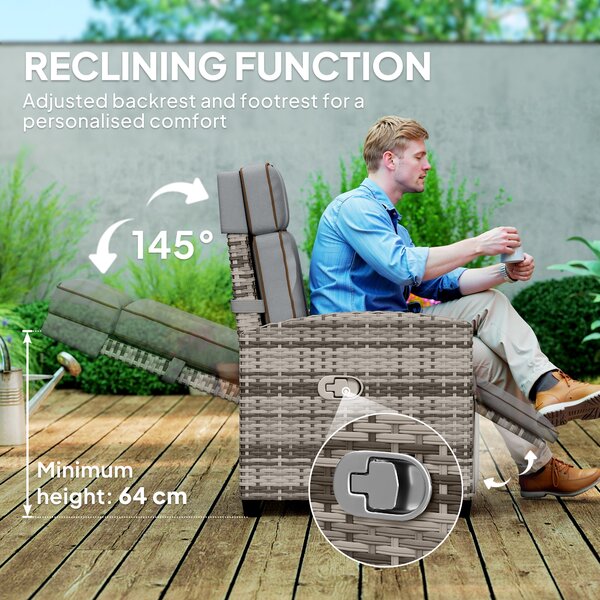 Outsunny Rattan Garden Recliner Chair, Adjustable Backrest Reclining Rattan Chair with Flip Table, Cushion and Footrest, Indoor Outdoor Lounge Reclining Sun Lounger for Patio, Mixed Grey Aosom UK