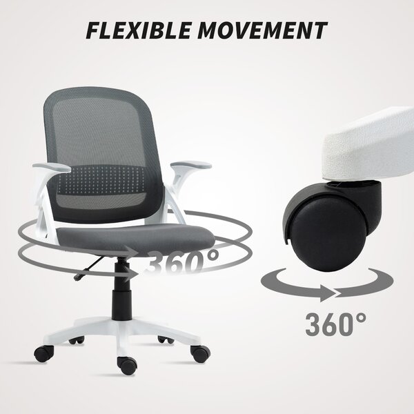 HOMCOM Breathable Mesh Office Chair, Ergonomic Swivel Computer Chair with Flip-up Armrests, Lumbar Back Support for Home/Office, Grey