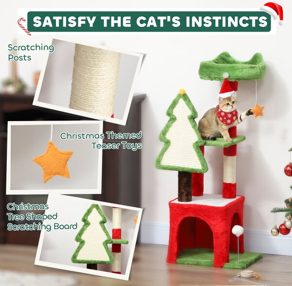 PawHut Christmas Cat Tree, 120cm Cat Tower with Scratching Post & Board, Platform, Toys, Green
