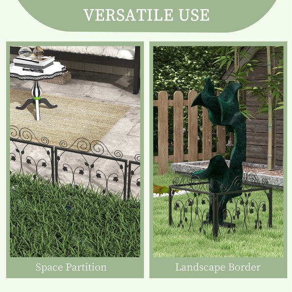 Outsunny Garden Fencing: 4-Pack Metal Wire Borders with Scroll Flower Design, Black Animal Barrier Aosom UK