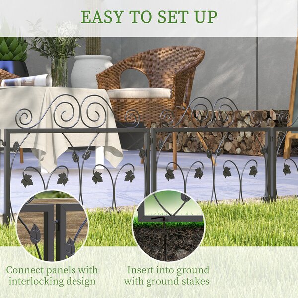 Outsunny Garden Fencing: 4-Pack Metal Wire Borders with Scroll Flower Design, Black Animal Barrier Aosom UK