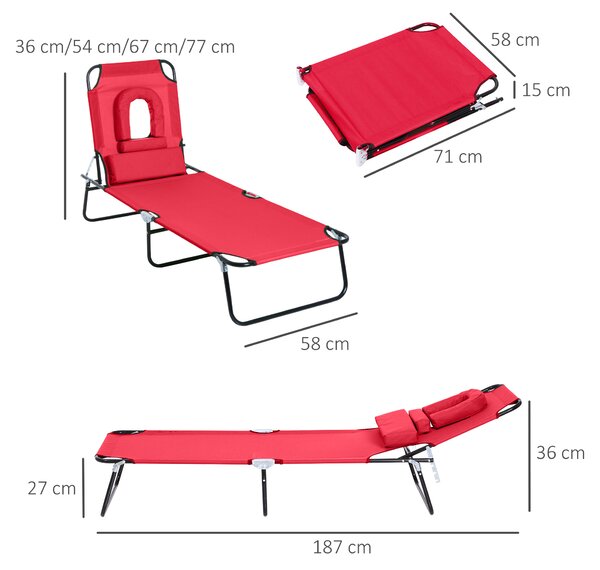 Outsunny Foldable Outdoor Sun Lounger Adjustable Backrest Reclining Chair with Pillow and Reading Hole Garden Beach, Red