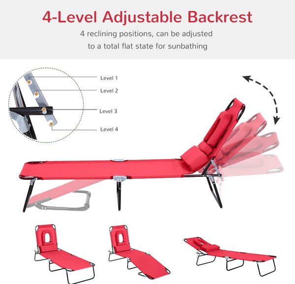 Outsunny Foldable Outdoor Sun Lounger Adjustable Backrest Reclining Chair with Pillow and Reading Hole Garden Beach, Red