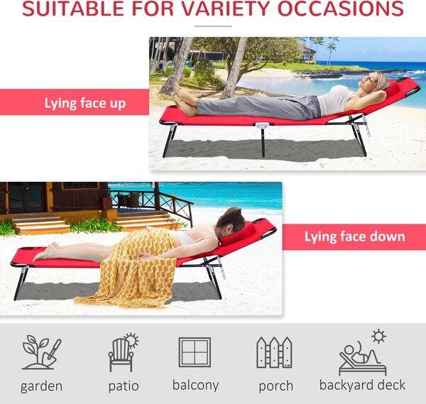 Outsunny Foldable Outdoor Sun Lounger Adjustable Backrest Reclining Chair with Pillow and Reading Hole Garden Beach, Red