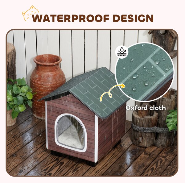 PawHut Insulated Outdoor Cat House, Waterproof Feral Cat Shelter with Elevated Base and Cushion, Red-brown