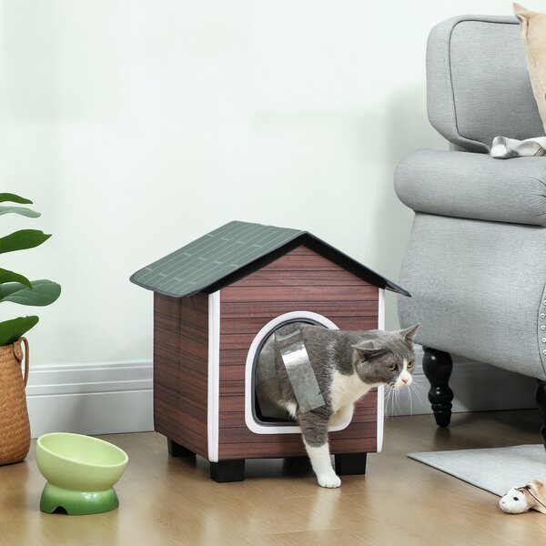PawHut Insulated Outdoor Cat House, Waterproof Feral Cat Shelter with Elevated Base and Cushion, Red-brown