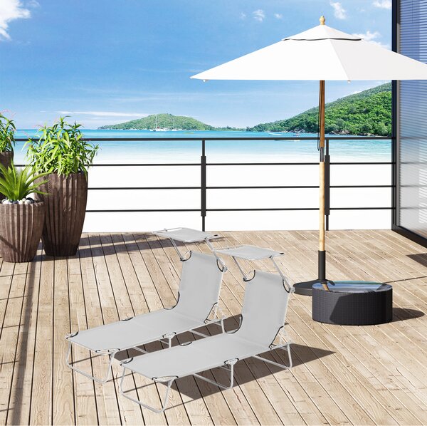 Outsunny Reclining Sun Lounger Set, 2 Foldable Chairs with Canopy, Breathable Mesh Fabric, Adjustable, Light Grey Aosom UK