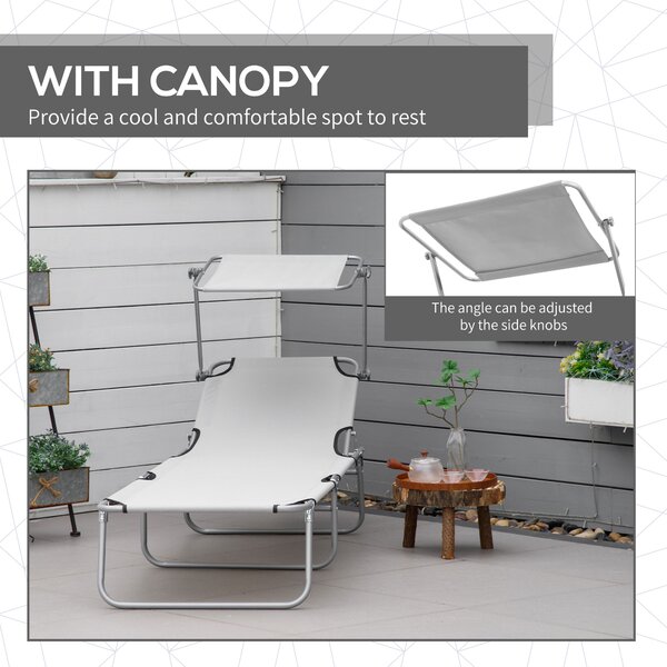 Outsunny Reclining Sun Lounger Set, 2 Foldable Chairs with Canopy, Breathable Mesh Fabric, Adjustable, Light Grey Aosom UK