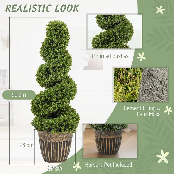 HOMCOM Set of 2 Artificial Plants, Topiary Spiral Boxwood Trees with Pot, for Home Indoor Outdoor Decor, 90cm