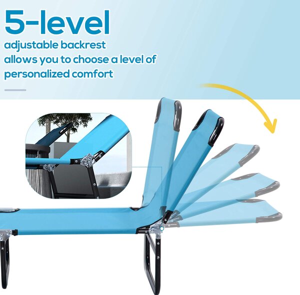 Outsunny Foldable Sun Lounger Set of 2 with 5-Position Adjustable Backrest, Outdoor Portable Recliner Chaise Lounge Chair, Sky Blue