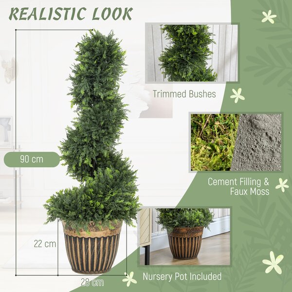 HOMCOM Set of 2 Artificial Plants, Topiary Spiral Boxwood Cypress Trees with Pot, for Home Indoor Outdoor Decor, 90cm