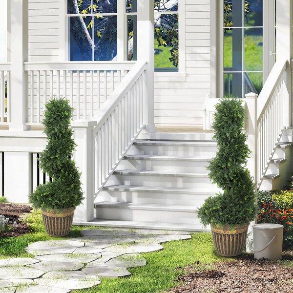 HOMCOM Set of 2 Artificial Plants, Topiary Spiral Boxwood Cypress Trees with Pot, for Home Indoor Outdoor Decor, 90cm