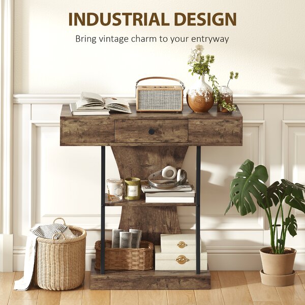 HOMCOM Console Table, 3-Tier Industrial Hallway Table with Drawer, Storage Shelves, 91 x 32 x 87 cm, Rustic Brown