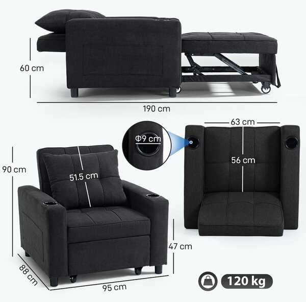 HOMCOM 3-in-1 Single Sofa Bed, Convertible Sleeper Chair Bed - Black