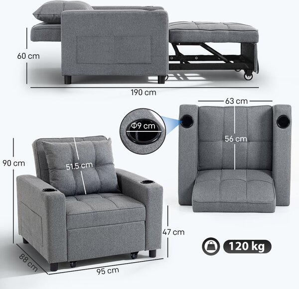 HOMCOM 3-in-1 Single Sofa Bed, Convertible Sleeper Chair Bed - Dark Grey