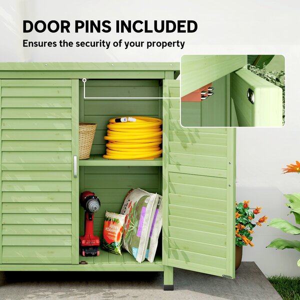 Outsunny Garden Shed Wooden Garden Storage Shed 2 Door Unit Solid Fir Wood Garage Tool Organisation Cabinet, 87L x 46.5W x 96.5Hcm, Green