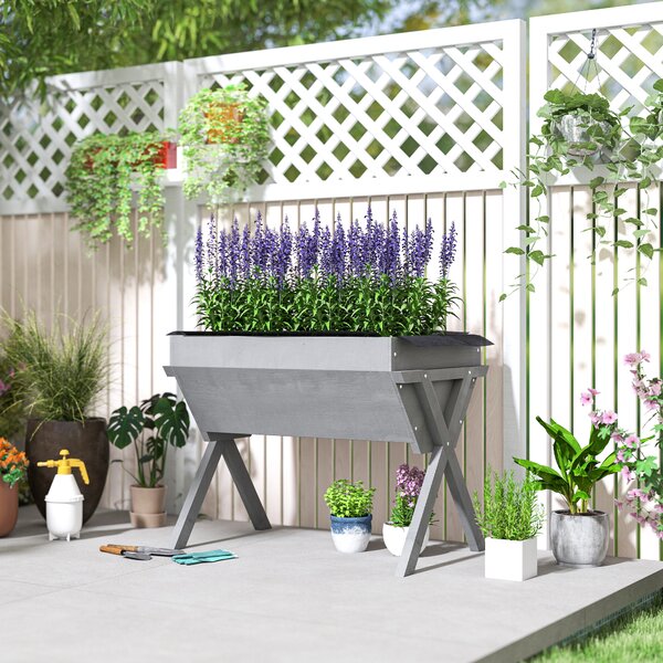 Outsunny Wooden Raised Garden Bed with Bed Liner, Elevated Garden Boxes with Legs, Light Grey Aosom UK