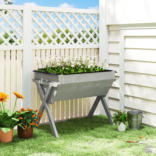 Outsunny Wooden Raised Garden Bed with Bed Liner, Elevated Garden Boxes with Legs, Light Grey Aosom UK
